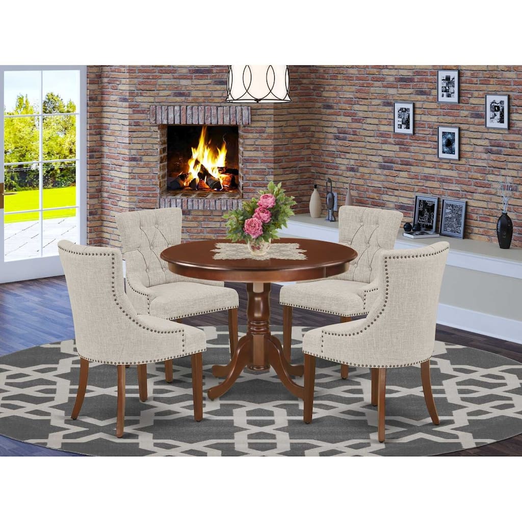 HomeStock 5-Piece Round Mahogany Finish Solid Wood Top Dining Table with 4 Parson Chair with Lattice Back