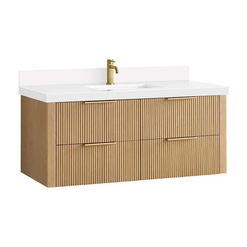 Barcelona Floating Bath Vanity with Quartz Stone Top without Mirror - 48" - Washed Ash Grey