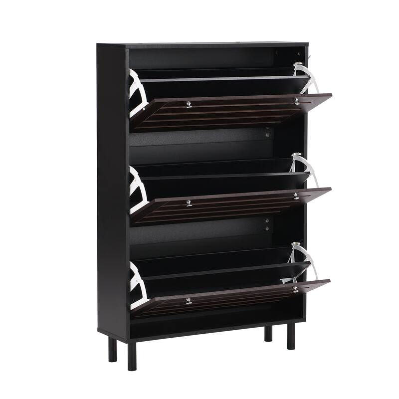 ON-TREND Minimalist Slim Shoe Cabinet with Adjustable Shelves and Hanging Hooks, Particle Board Entryway Organizer