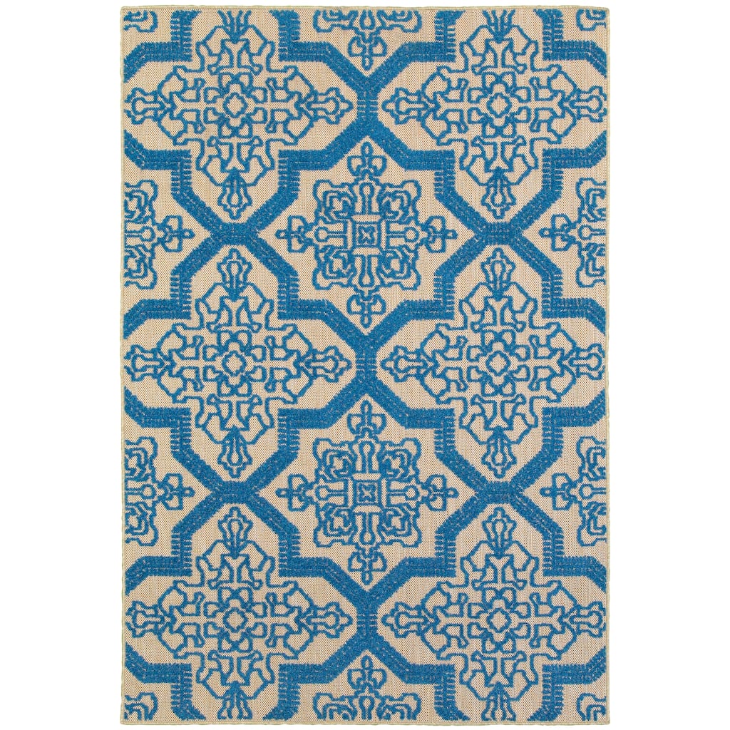 Chatou Sand Blue Geometric Medallion Outdoor Casual Area Rug