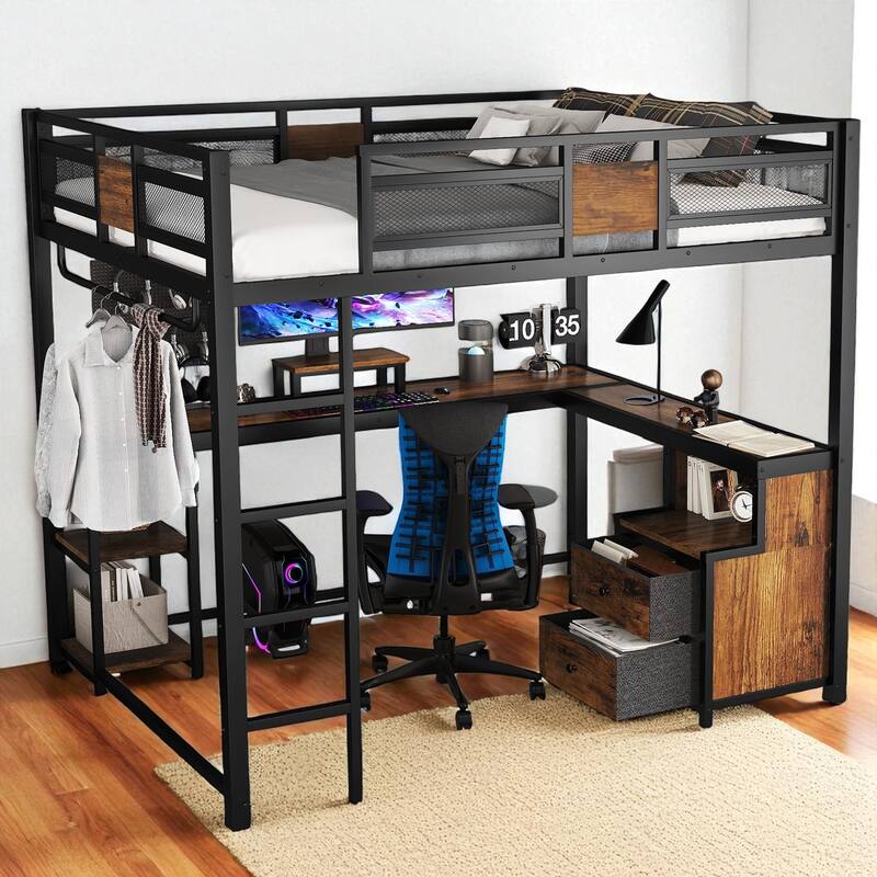 Queen Loft Bed with Desk and Storage Drawers, Metal Loft Bed Frame with Guardrails, Ladder, and Workstation