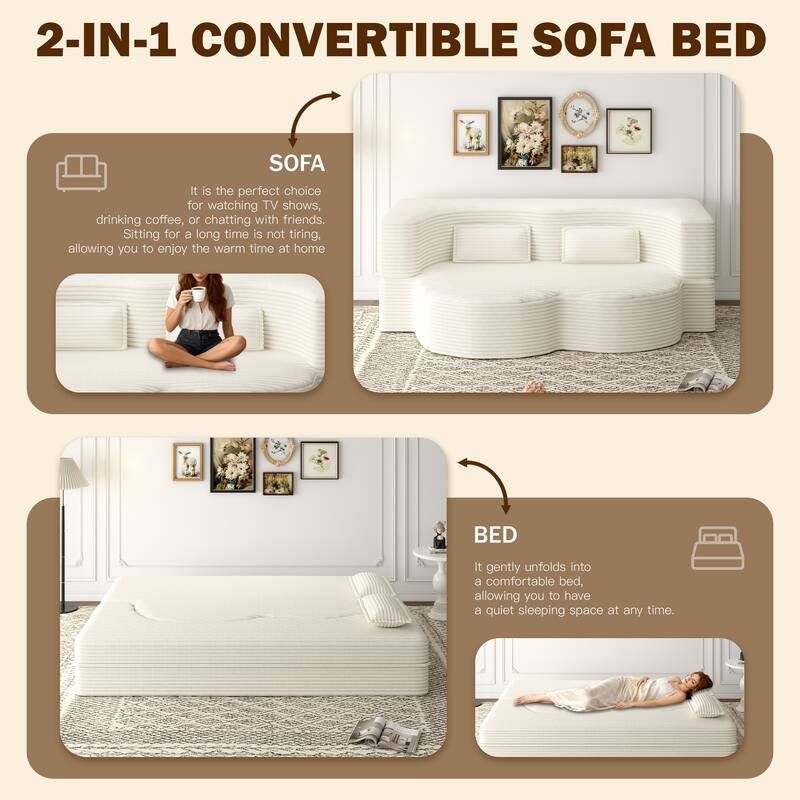 Modern Floor Sofa Bed, Convertible Corduroy Sleeper Couch Folding Loveseat with 2 Pillows