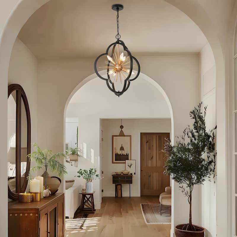 Modern Glam 6-Light Black Gold Cage Chandelier Metal Starburst Pendant Lights - 20'' D x 23.5'' H