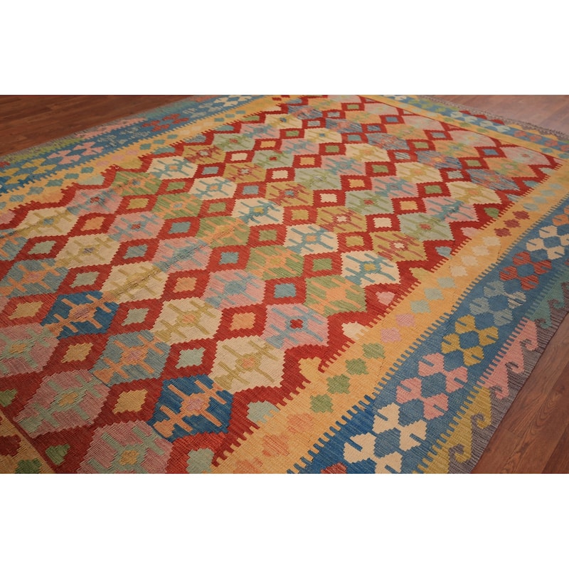 Geometric Kilim Oriental Area Rug Multi-Color Flatweave Wool Carpet - 8'4" x 11'10"