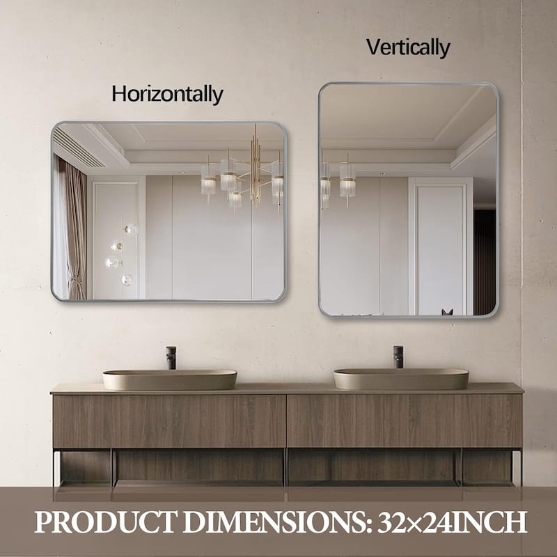24x32 Inch Silver Metal Framed Rectangular Bathrrom Mirror for Wall