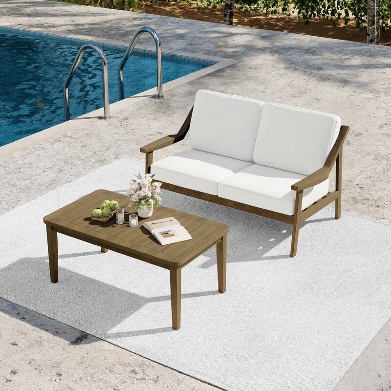 2-piece Brown/ Black Teak Cushioned Patio Loveseat Set with Coffee Table