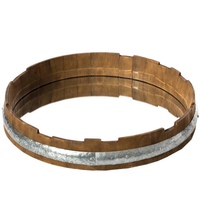 Round Rustic Wood and Galvanized Metal Framed Wine Barrel Shaped Wall Mirror - N/A
