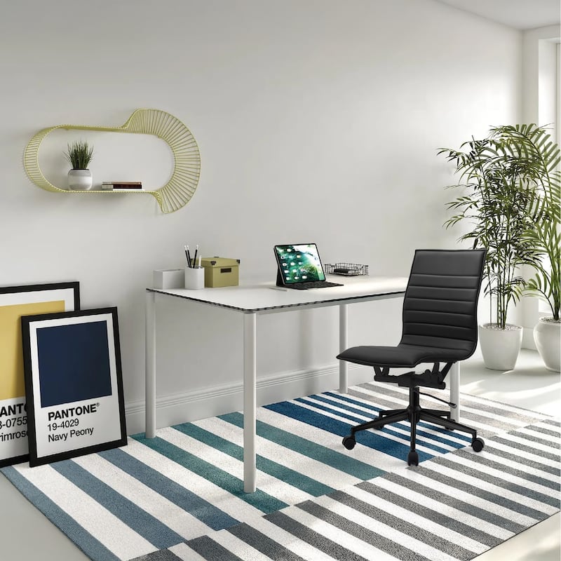 Modern Office Desk Chair | Upholstered PU Leather Ribbed Armless Mid Back with Metal Frame | Adjustable Height, Tilt Lock