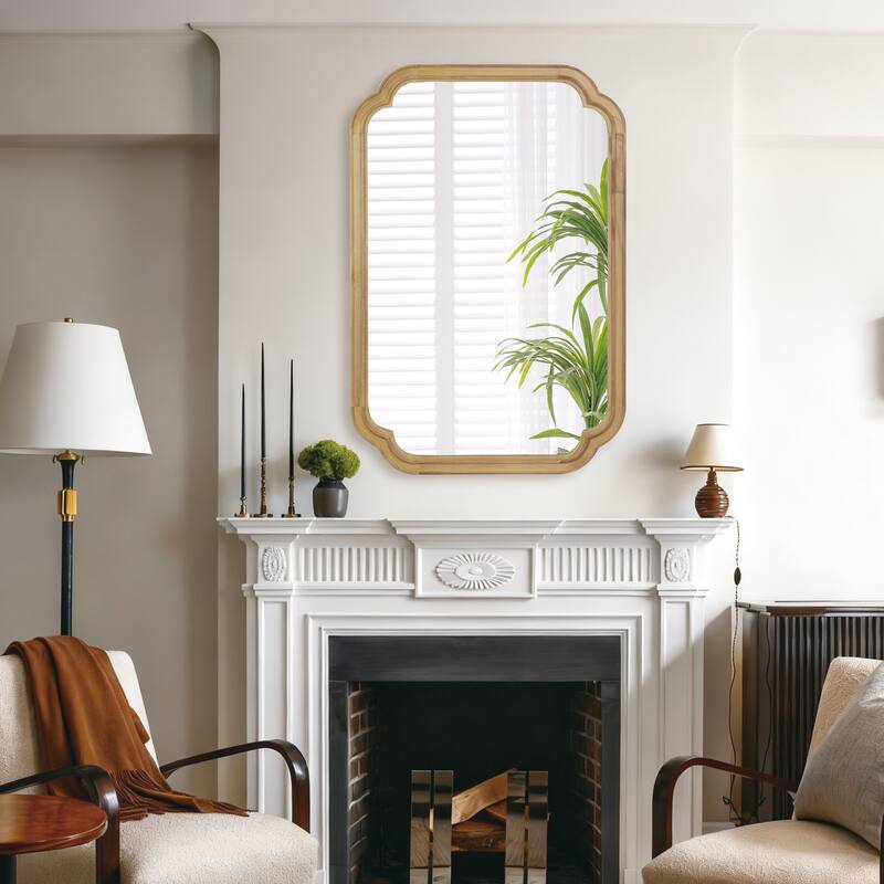 Natural Wood Rounded Corner Solid Wood Decorative Mirror - Bedroom, Bathroom, Living Room - Natural Wood