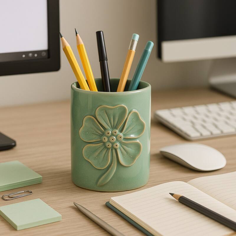 Ceramic Cute Pencil Cup Decorative Flower Office Desk Accessory