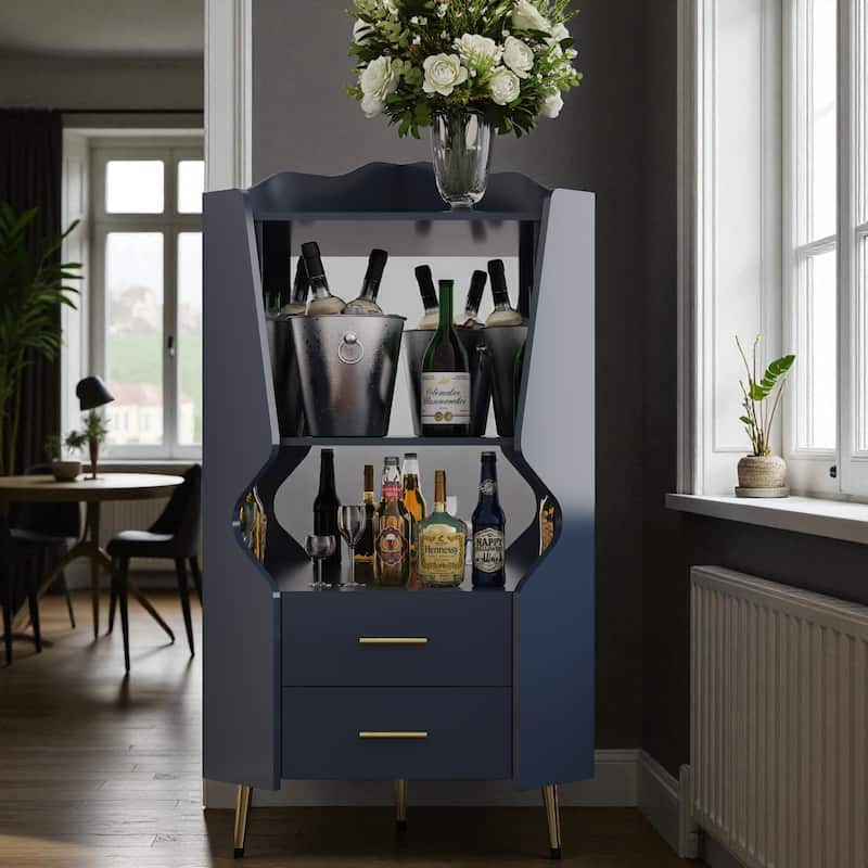 Modern Wooden Corner Bar Cabinet with Mirrored Back, 2 Drawers and Open Shelves, Buffet Sideboard for Dining or Living Room - Blue