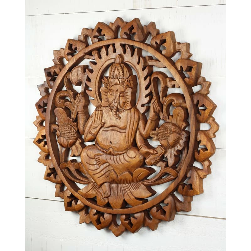 Hand Carved Wooden Ganesha Wall Panel Hindu Elephant God Art, Lotus Floral Mandala