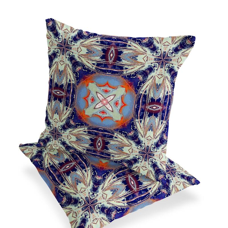 HomeRoots Set of Two 16" X 16" Blue and Orange Blown Seam Floral Indoor Outdoor Throw Pillow - 16.00' X '16.00' X '5.00