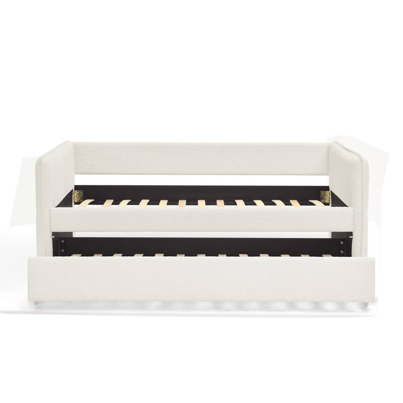 Daybed with Trundle Upholstered Tufted Sofa Bed, Twin Size, Boucle Fabric, Beige (83"x43"x29.5")