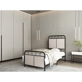 Twin Size Linen Upholstered Platform Metal Bed Frame with Headboard and ...