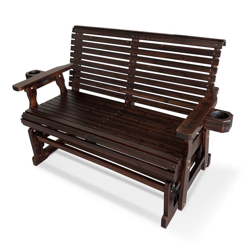Patio Glider with Cup Holders, High Roll Back and Deep Contoured Seat - Tan