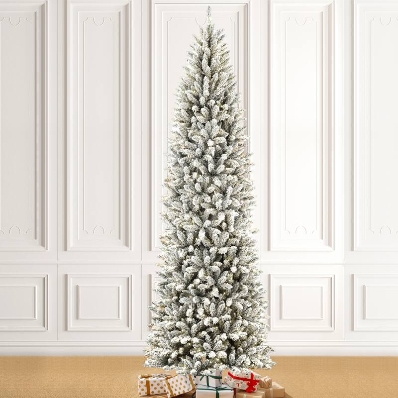 Glitzhome 6FT/7.5FT/9FT/11FT Snow Flocked Pre-lit Artificial Fir Christmas Trees