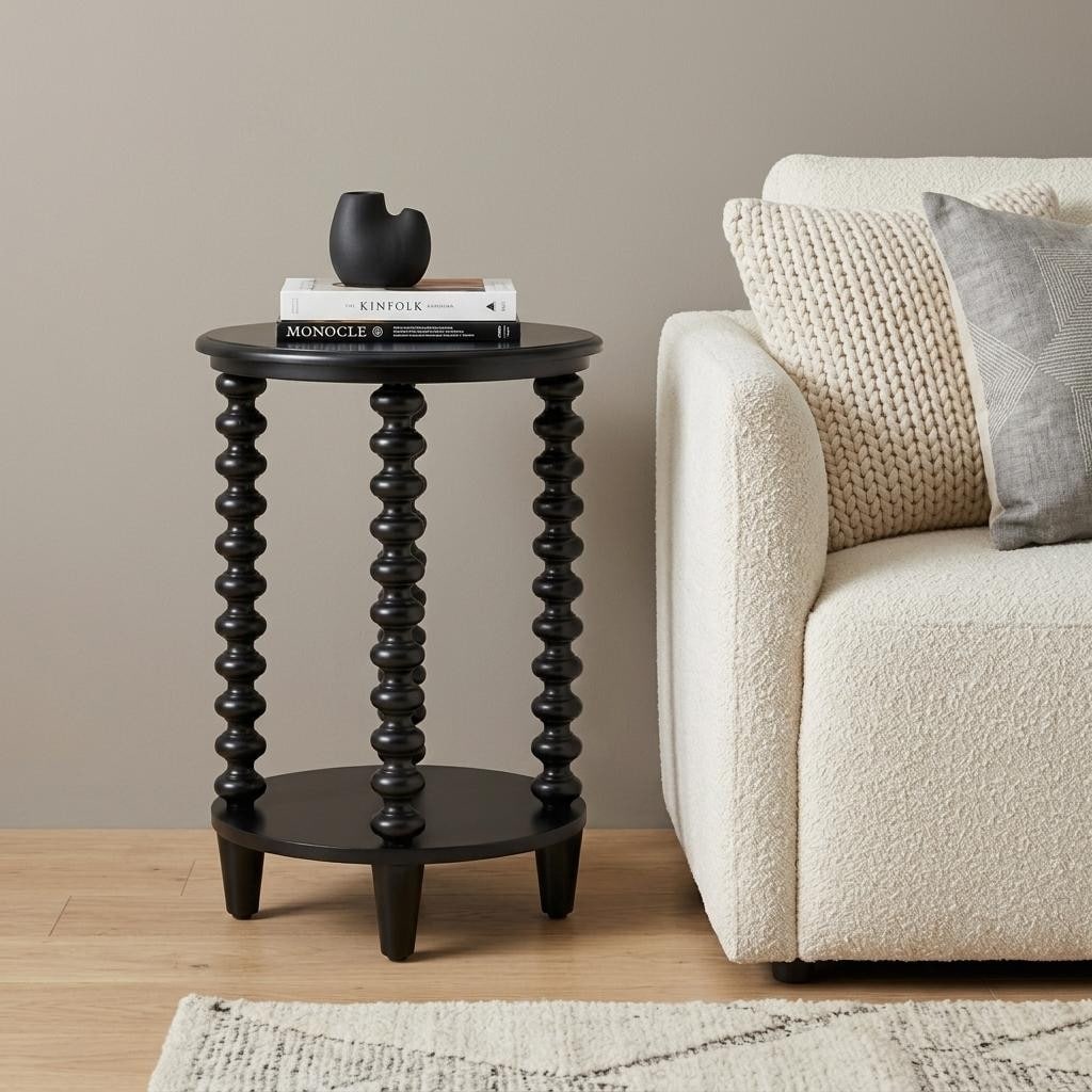 HomeRoots 24" Black Solid Wood Circular End Table With Shelf - 16.00 in. x 24.00 in. x 16.00 in.