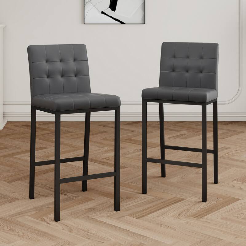 Modern High Bar Stools Set of 2, Kitchen Stool Island with PU Backrest, Gaming Chair with Metal Legs and Footstool
