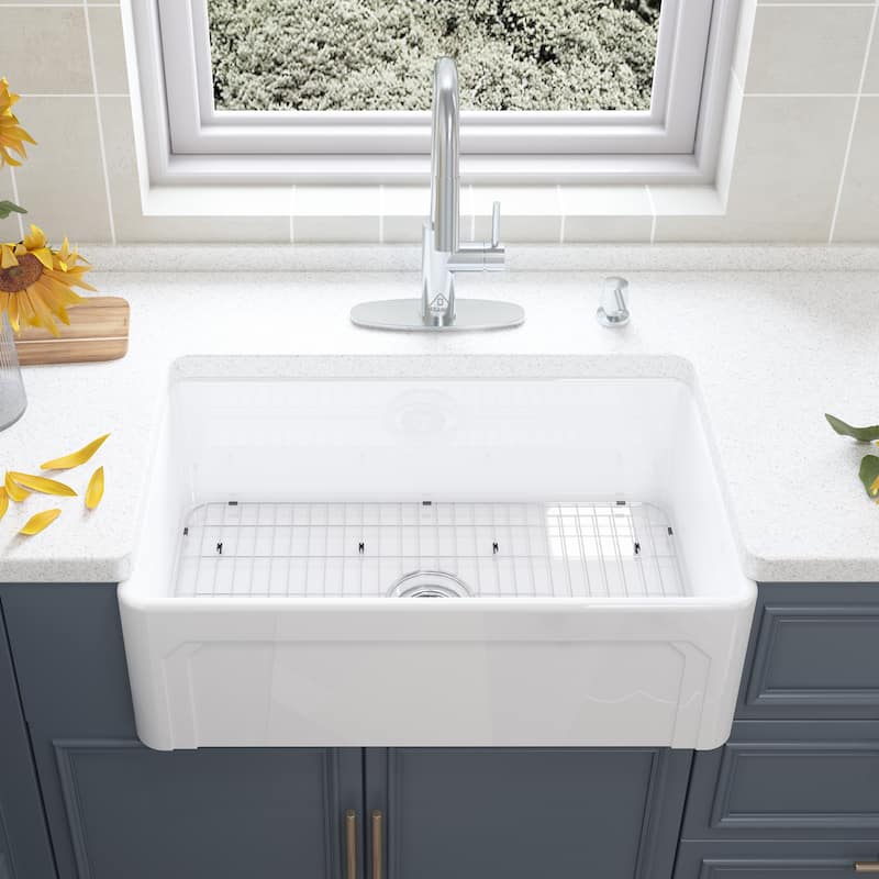 All-in-One Fireclay Farmhouse/Apron-Front Frame Design Reversible Installation Single Bowl Kitchen Sink with Kitchen Faucet Kit
