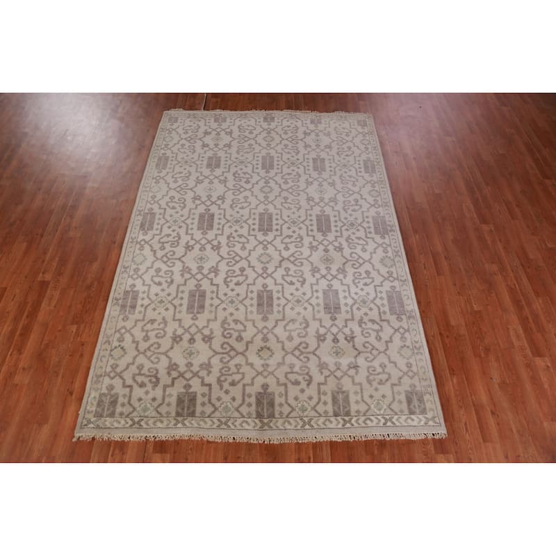 Hand Knotted Oriental 100% Wool Carpet Traditional All-Over Beige & Ivories Heriz (serapi) Area Rug - 8' 10'' X 5' 11''