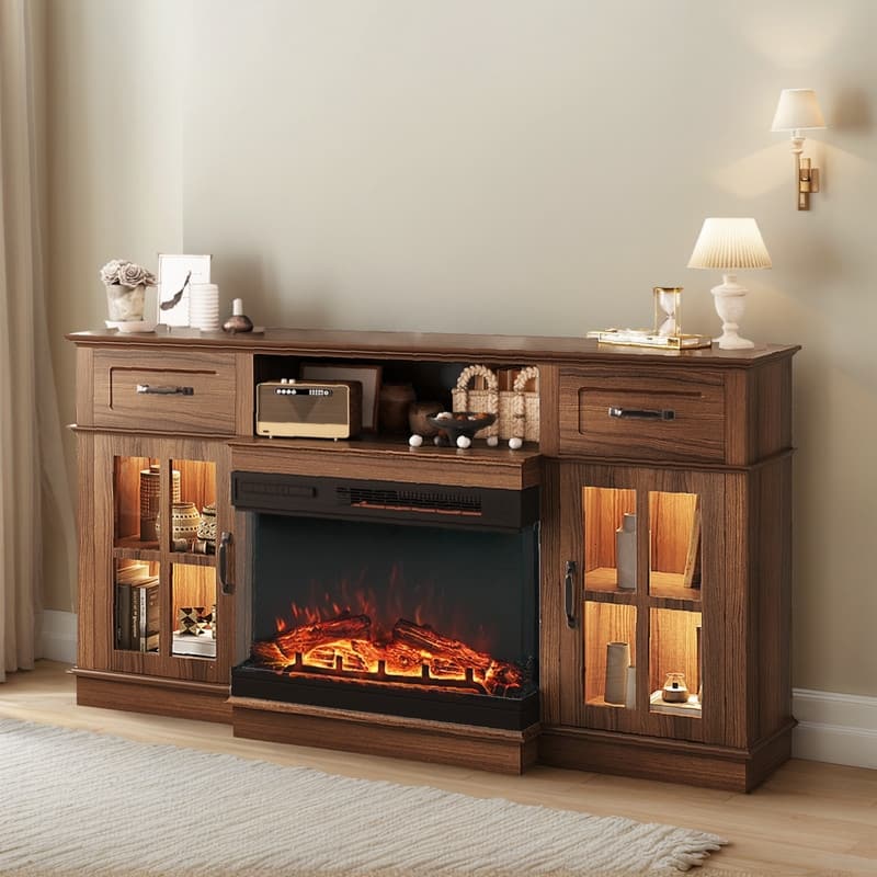 Farmhouse 58'' TV Stand For Tvs Up To 70'' With Electric Fireplace and Adjustable Shelves with Glass Door