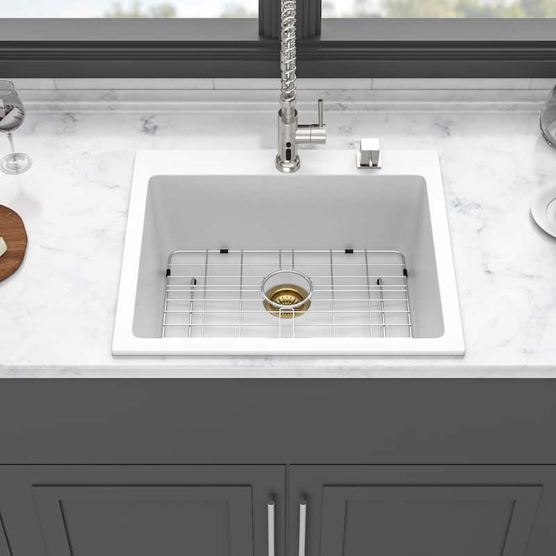 Drop-In Single Bowl Quartz Kitchen Sink - 25'' x 22'' x 9.65'' - White
