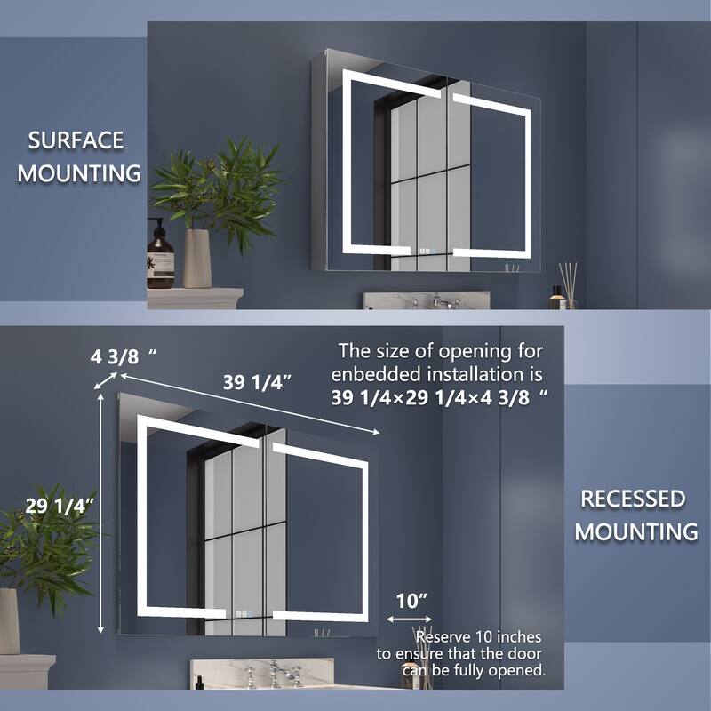 ExBrite 36" x 30" LED Lighted Bathroom Medicine Cabinet with Mirror,Recessed or Surface Mount,Defog