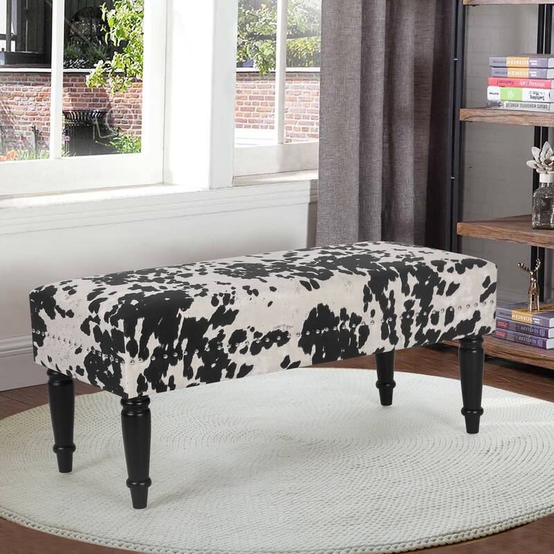 Adeco Rectangular Ottoman Black Milk Cow Bench Fabric Footrest Stool