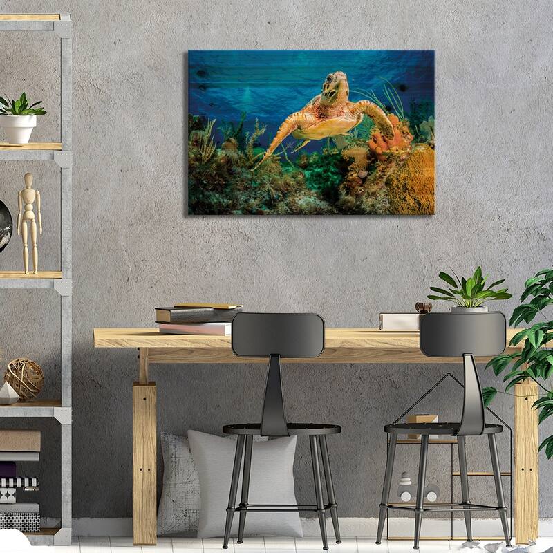 Hawksbill Turtle Swimming Through Caribbean Reef Print On Wood by Jan Abadschieff - Multi-Color