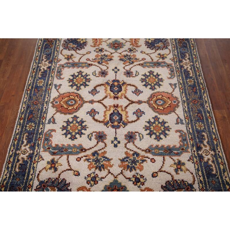 Oushak Indian Area Rug Handmade Floral Beige Wool Carpet - 4'1"x 5'11"