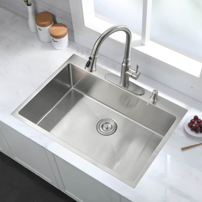 30'' Stainless Steel 2-Hole Single Bowl Drop-In Workstation Kitchen Sink with Bottom Grid&Basket Strainer