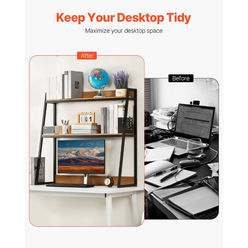 Particle Board Desktop Bookshelf Hutch, 2 Shelves, Anti-Slip Feet Pads - 37.4" L x 12.6" W x 35.4" H