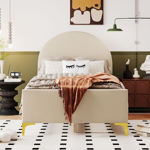 Twin Full Size Velvet Bed Frame with Classic Semi circle Shaped Headboard Upholstered Platform Bed w Metal Legs for Kids Teens On Sale Bed Bath Beyond 39807095