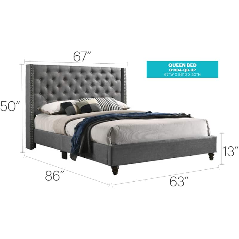 Upholstered Bed Frame - Gray Fabric Bed with Deep Tufted Headboard - Modern Bedroom Furniture