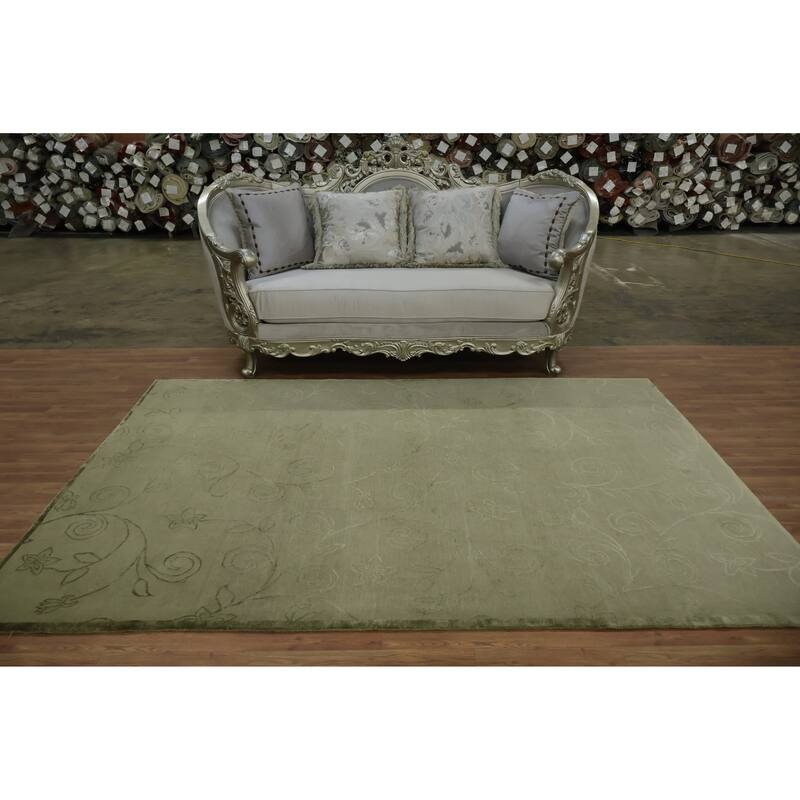 Hand Knotted Oriental 100% Wool Carpet Modern Abstract Green Nepalese Area Rug - 8' 11'' X 6' 4''