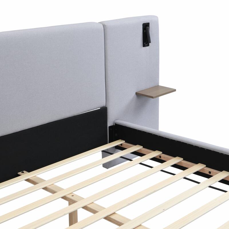 Chic Bouclé Upholstered Bed with Integrated Lighting and Shelves