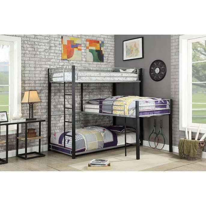 Contemporary Metal Triple Tier Bunk Bed with Corner Design and Guard Rails, Sand Black Finish