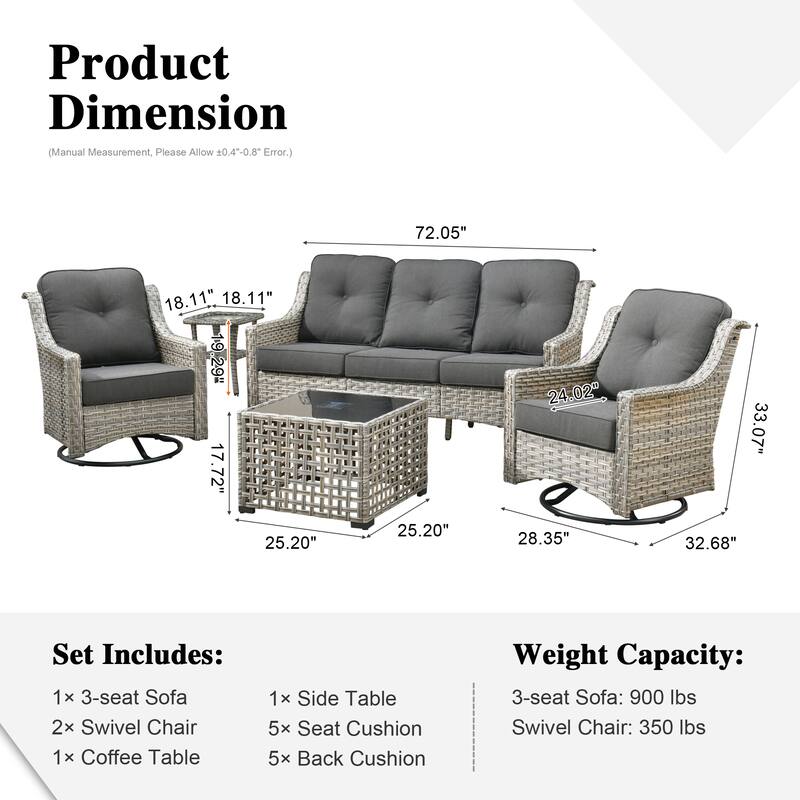 HOOOWOOO 5-piece Rattan Wicker Outdoor Conversation Set with Swivel Chair and Coffee Table