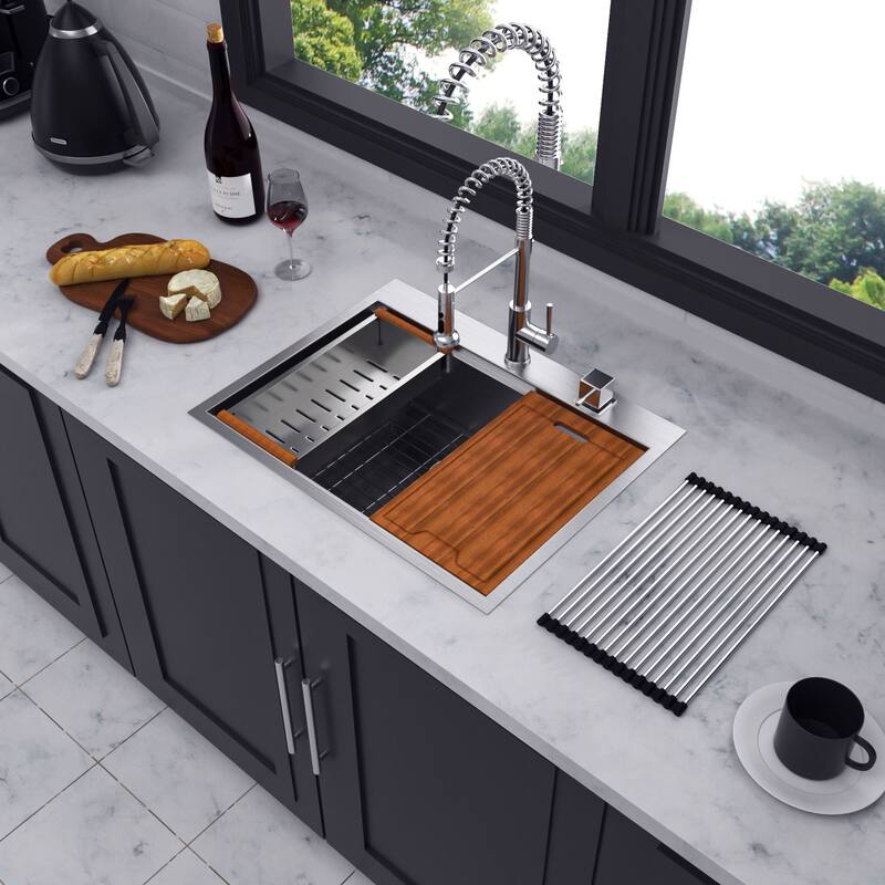 Drop-in Single Bowl Stainless Steel Kitchen Sink with Workstation