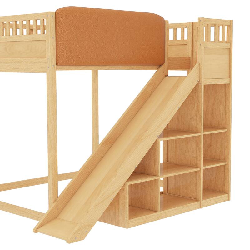Minimalist Wood Loft Bed Frame with Upholstered Headboard, Storage Open Shelves, Safety Guardrails, Ladder and Slide for Kids