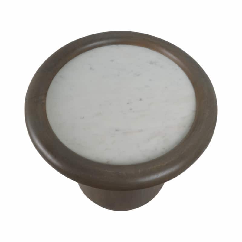 Mango Wood Marble Accent Table Round Drum Base Sculptural Design