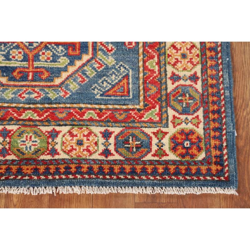 Blue Geometric Kazak Foyer Rug Handmade Bedroom Wool Carpet - 2'7" x 4'1"