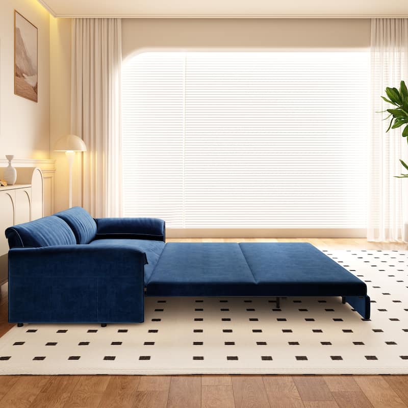 66" Queen Velvet Pull Out Sofa Bed w/ Side Storage Multi-Functional Loveseat Bed for Living Room Office - Blue