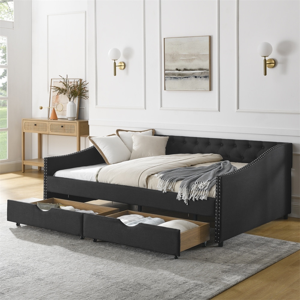 Full Size Upholstered Tufted Daybed with Drawers and Copper Nail