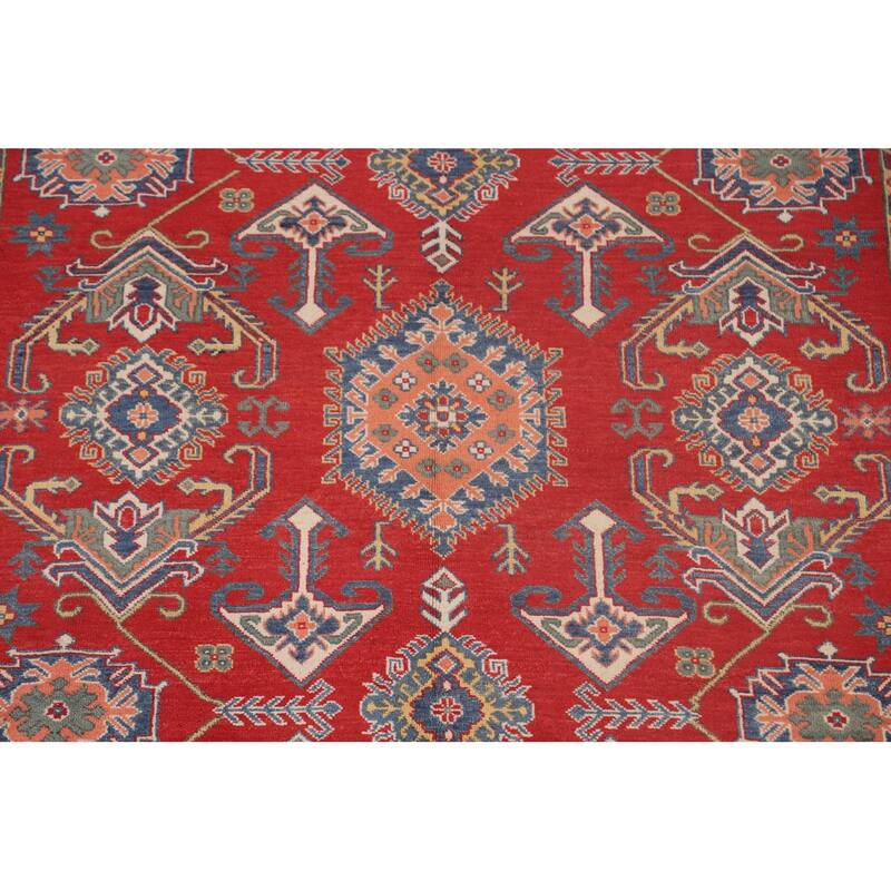 Geometric Red Kazak Rug Hand-Knotted Bedroom Wool Carpet - 6'6"x 9'2"