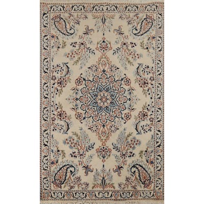 Floral Nain Persian Vintage Foyer Rug Hand-Knotted Wool Carpet - 2'11"x 4'4"