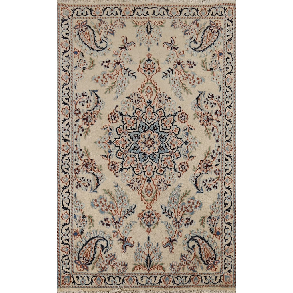 Floral Nain Persian Vintage Foyer Rug Hand-Knotted Wool Carpet - 2'11"x 4'4"