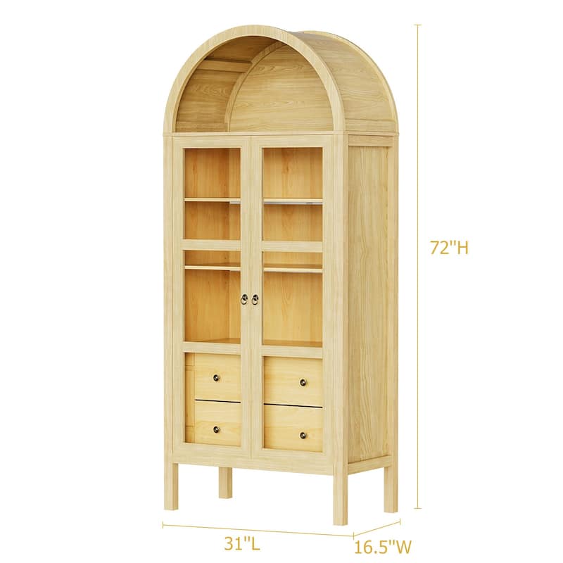 Modern Arched Cabinet with Glass Doors,72" Tall Arch Storage Cabinet with Height Adjustable Shelf and 2 Drawers Bookshelf