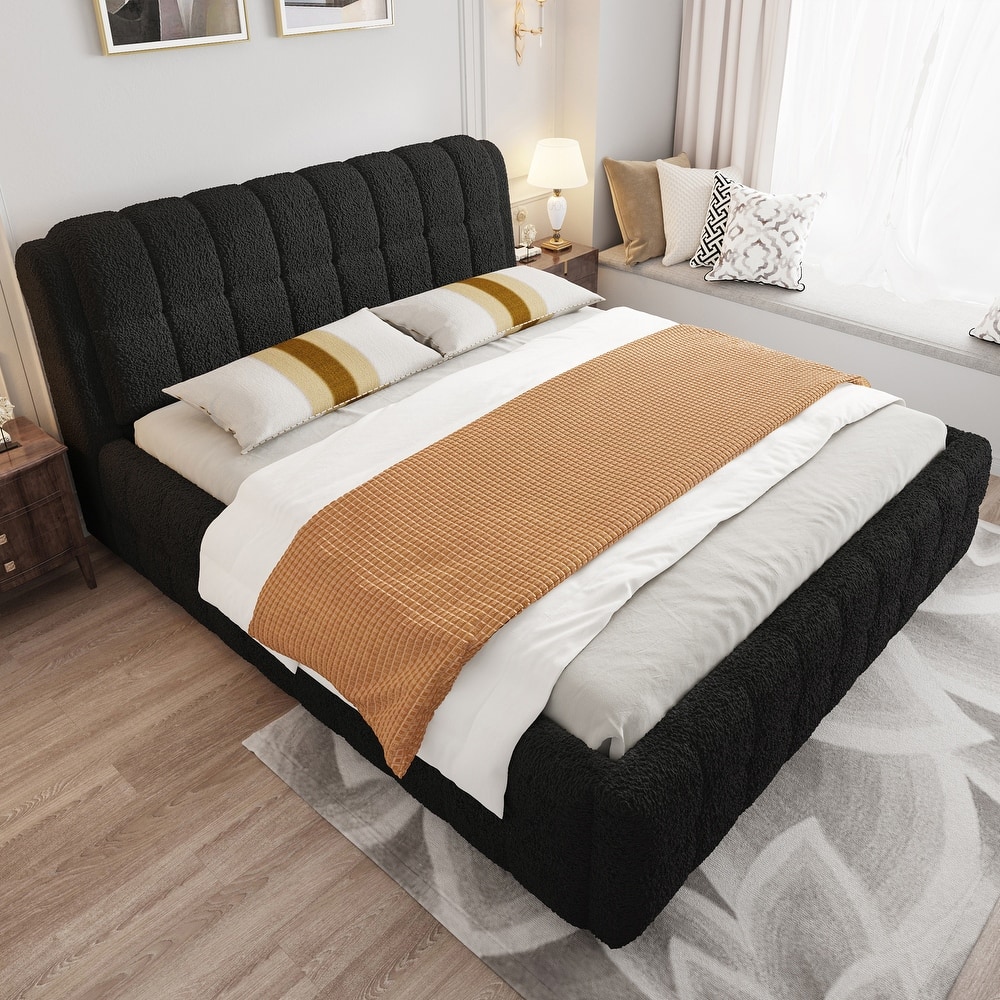 Modern Upholstered Platform Bed Frame Grounded Bed Frame with Striped Headboard/Wood Slats Support/No Box Spring/Easy Assembly